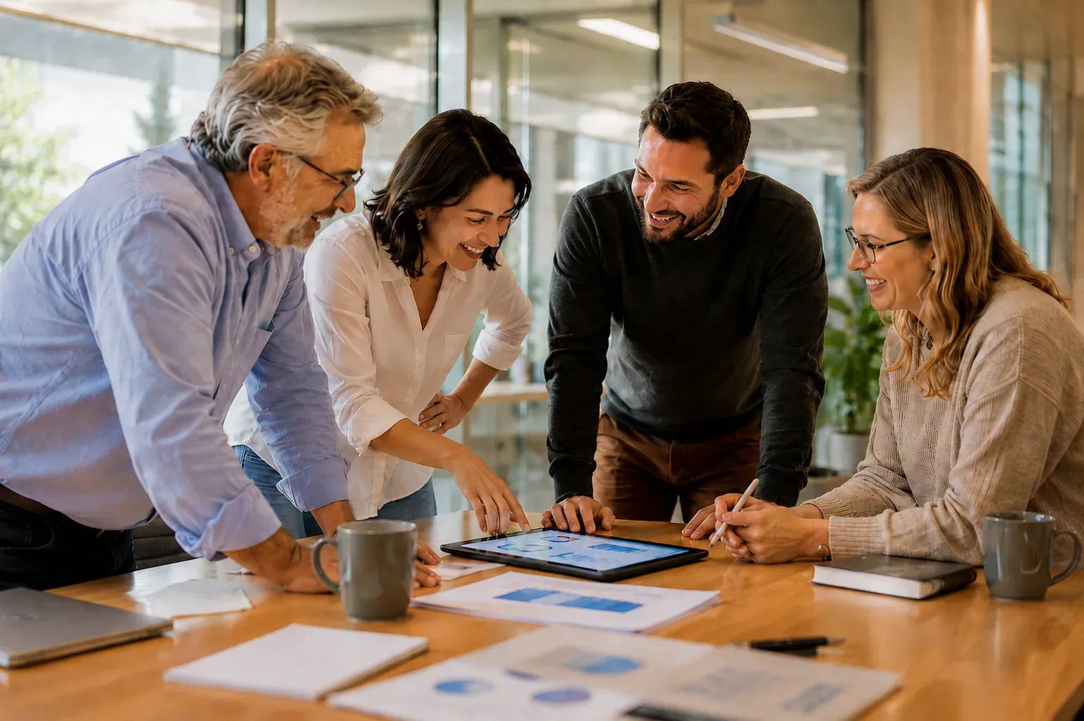 Équipe administrative réunie autour d'une tablette lors d'une discussion collaborative dans un bureau lumineux