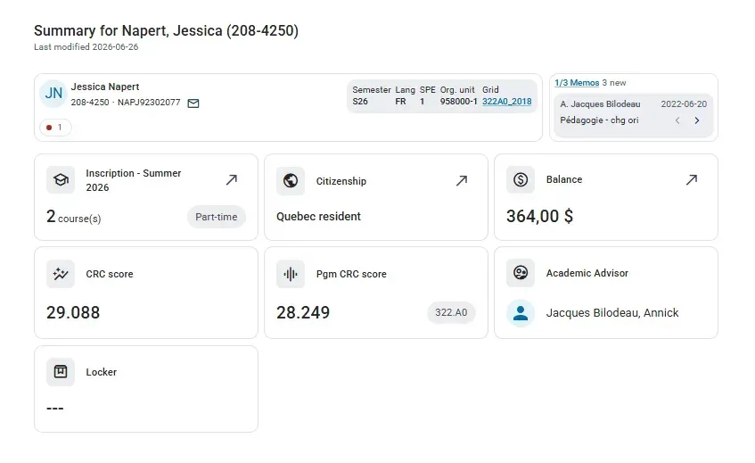 Screenshot of the student record in Clara