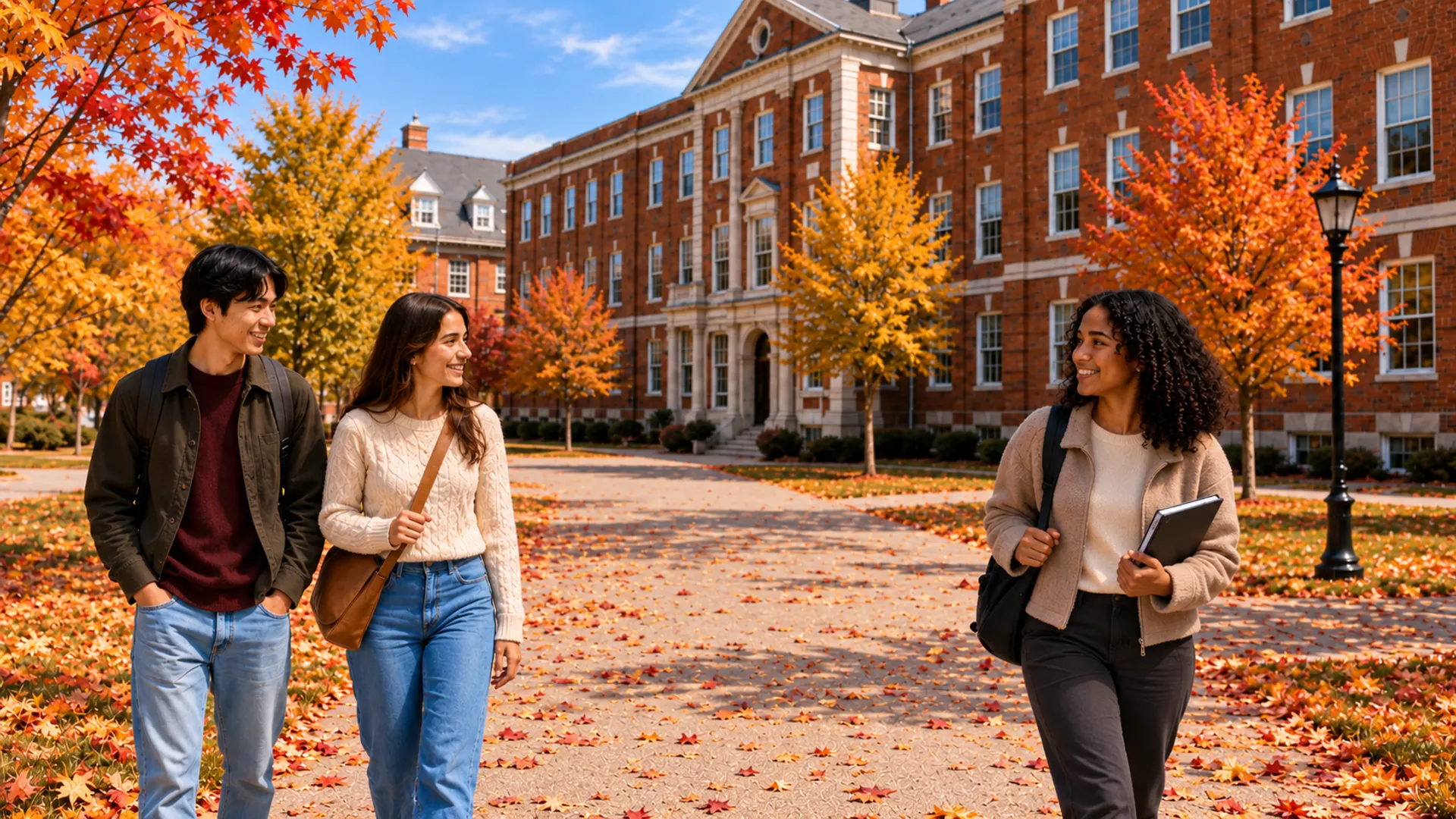 Étudiants heureux se baladant sur un campus de collège